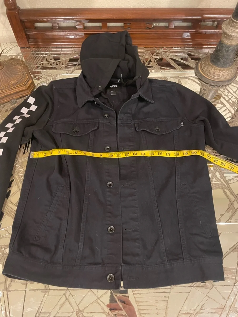 Vans Black Hooded Denim Bomber Jacket with Checker Sleeve - Picture 5 of 5